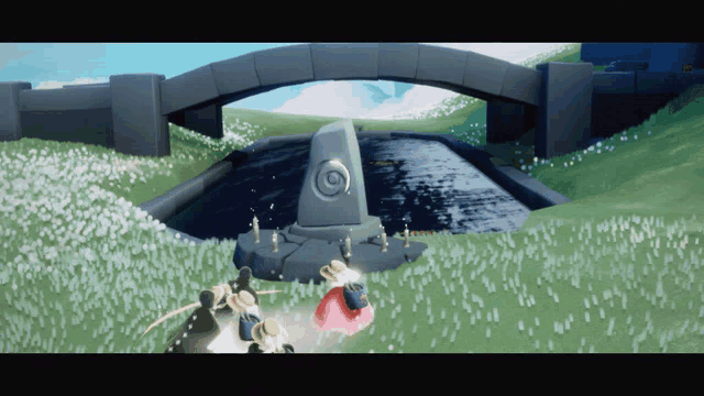 a video game scene with a bridge and a statue
