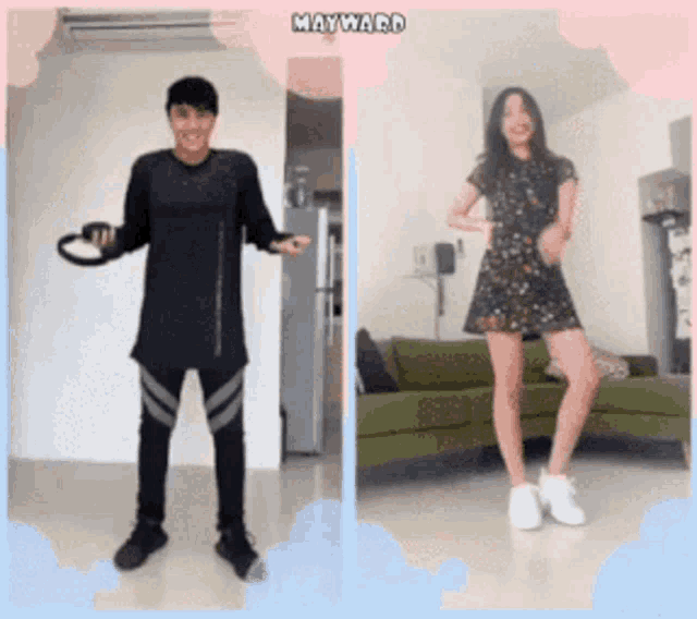 a man and a woman are dancing in front of a green couch and the word mayward is on the bottom