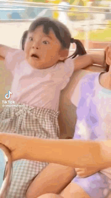 a little girl with pigtails is sitting on a woman 's lap .