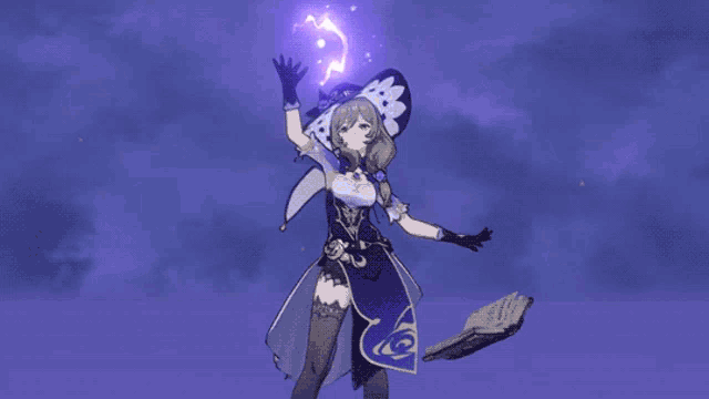 a woman in a witch costume is surrounded by purple lightning bolts
