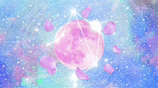 a pink planet in the middle of a galaxy with pink petals floating around it .