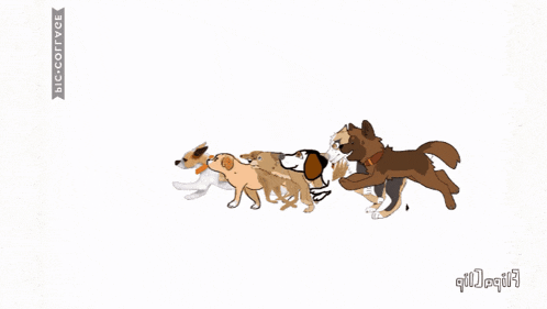 a bunch of dogs are running in a line with the words bic cottage on the bottom left