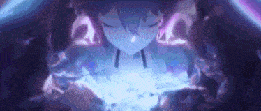 a close up of a person 's face with a blue light coming out of her chest .