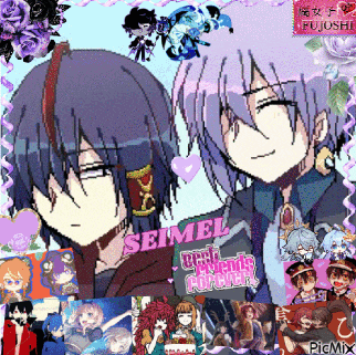 a pixel art collage of anime characters with the name seimel on it