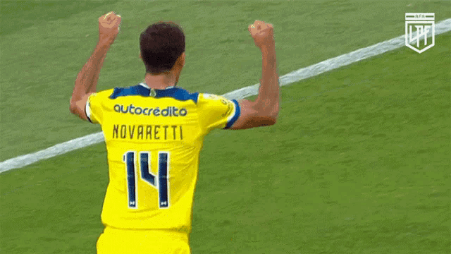 a soccer player wearing a yellow jersey with the number 14