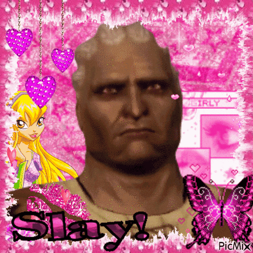a picture of a man surrounded by hearts and butterflies with the words slay written on the bottom