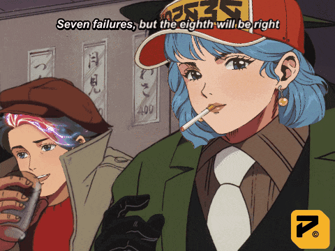 a cartoon of a woman smoking a cigarette with the words seven failures but the eighth will be right below her