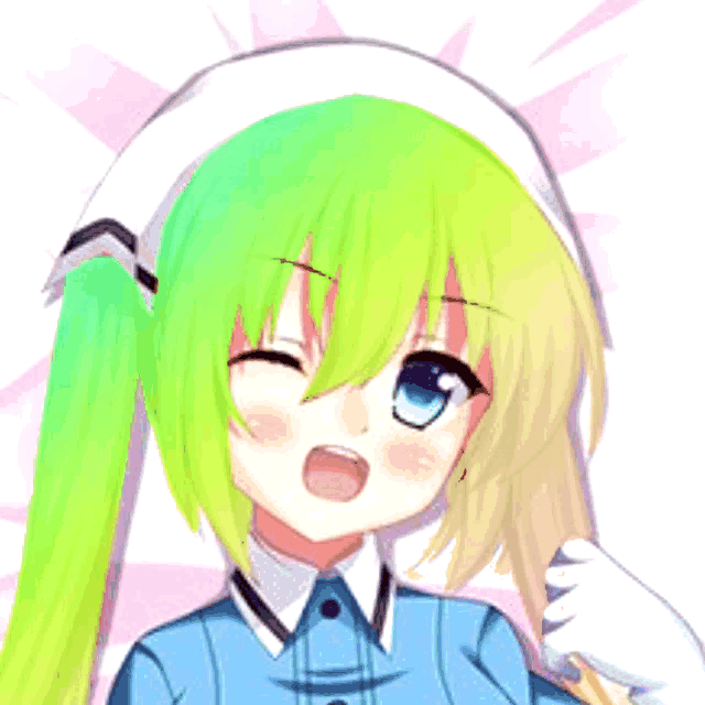 a girl with pink hair and blue eyes is wearing a blue shirt and white hat
