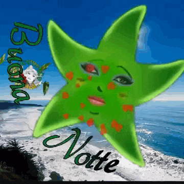 a green starfish with a face and the words buona notte on it