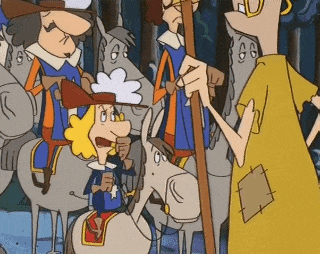 a group of cartoon characters including a man with a patch on his back