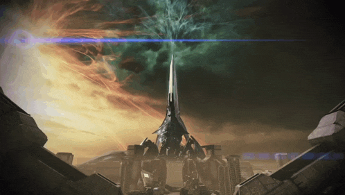 a video game scene shows a giant space ship flying through the air