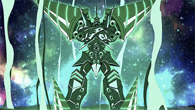 a green robot is standing in front of a galaxy with paulbox written on the bottom right