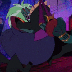 a cartoon character with green hair is standing next to a large wheel