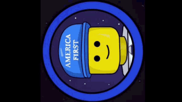 a cartoon character wearing a blue hat that says " america first "