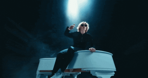 a man wearing sunglasses is sitting on a piano