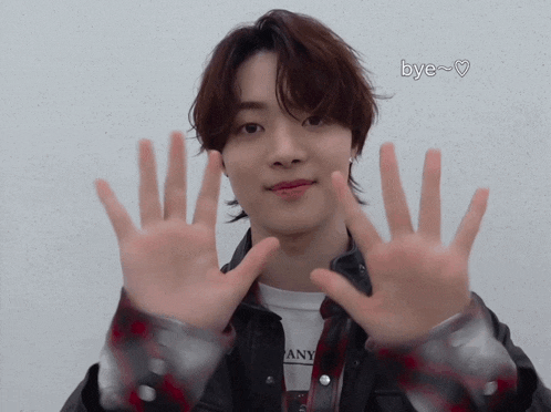 a young man in a plaid shirt says bye with his hands