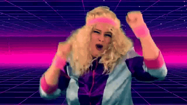 a woman in a wig and headband is dancing in front of a grid .