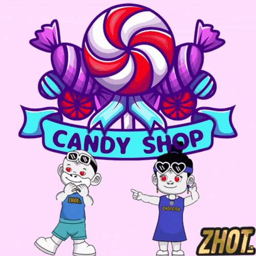 a logo for a candy shop with a boy and girl