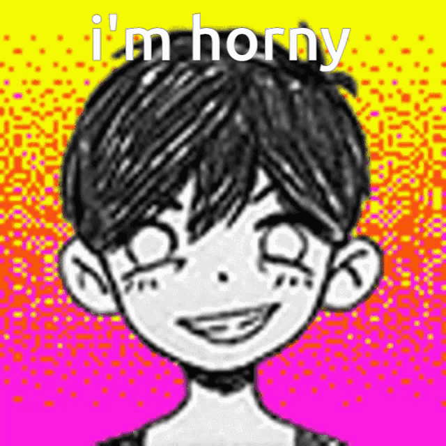 a black and white drawing of a boy with the words i 'm horny written on it
