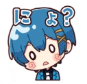 a cartoon character with blue hair is asking a question .