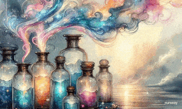 a painting of a group of bottles with smoke coming out of them and the word runway on the bottom