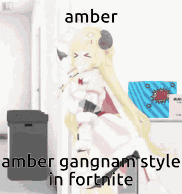 a picture of a girl with the words amber gangnam style in fortnite written on it