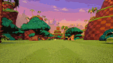 a cartoon landscape with trees and a castle in the background
