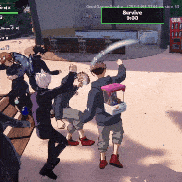 a group of people are playing a video game and one of them is holding a popcorn machine