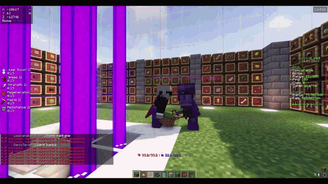 a screenshot of a minecraft game with a purple glowing pillar in the middle