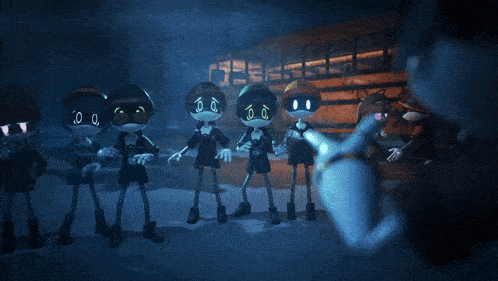 a group of cartoon characters standing in front of a yellow school bus
