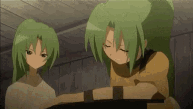 a couple of anime girls with green hair are standing next to each other in a room .