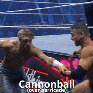 two men are fighting in a wrestling ring with the words cannonball over barricade on the bottom