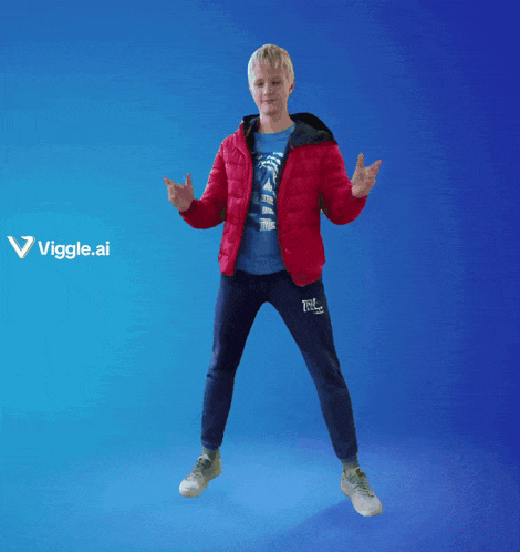 a man in a red jacket is dancing in front of a blue background