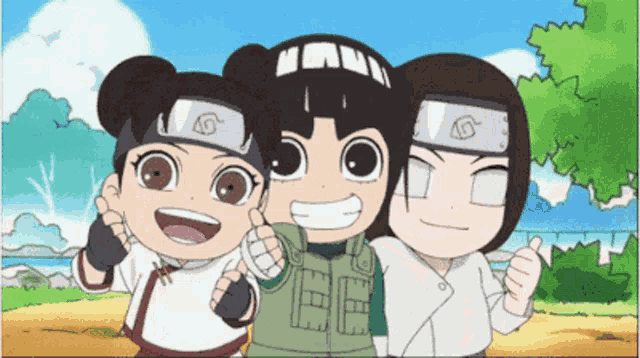 three cartoon characters are posing for a picture and one of them has the letter g on his head