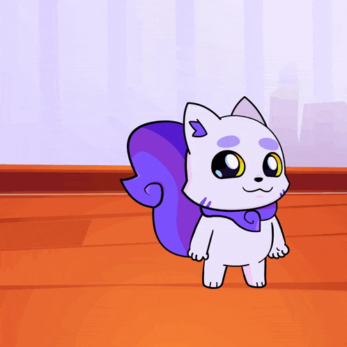 a cartoon drawing of a cat with a purple mane