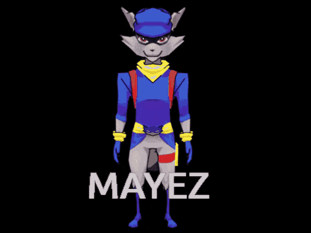 a cartoon raccoon wearing a blue hat and a scarf with the word mayez on it