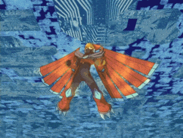 a cartoon character is flying through the air in front of a blue background