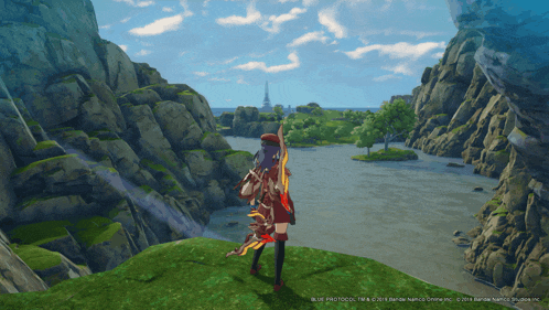 a screenshot of a video game shows a woman holding a sword