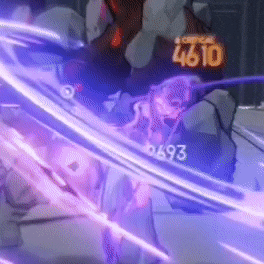 a close up of a person holding a sword in a video game with purple lights coming out of it .