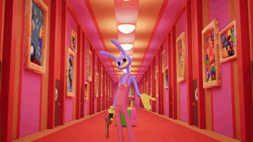 a purple cartoon character in a hallway holding a trophy