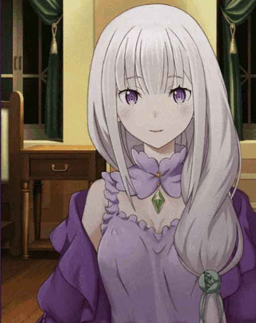 a girl with white hair and purple eyes is sitting in front of a window