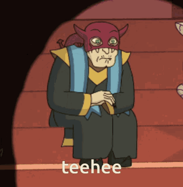 a cartoon character wearing a devil mask is sitting on a set of stairs with the words teehee below him