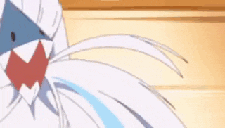 a close up of a anime girl with blue eyes and white hair waving her hand .
