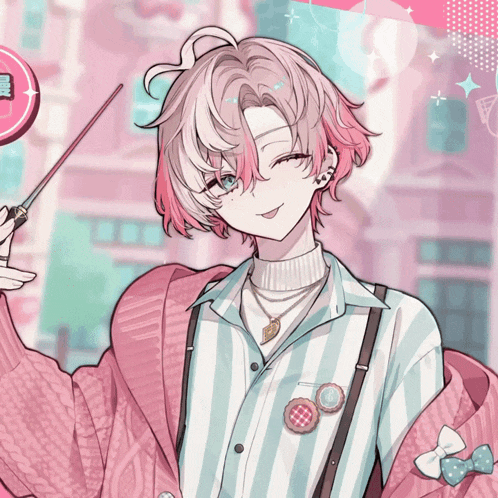 a boy with pink hair is holding a lollipop and wearing a pink and white striped shirt