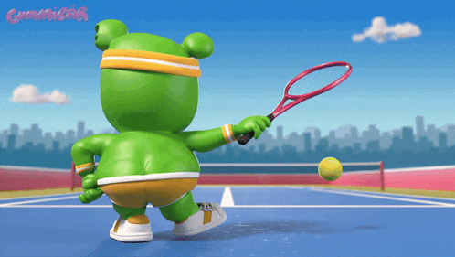 a green gummy bear is holding a tennis racquet and a tennis ball