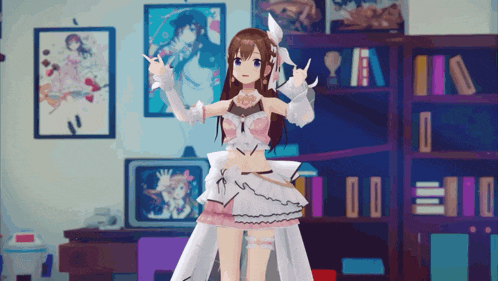 a girl in a pink and white dress is standing in a room with bookshelves