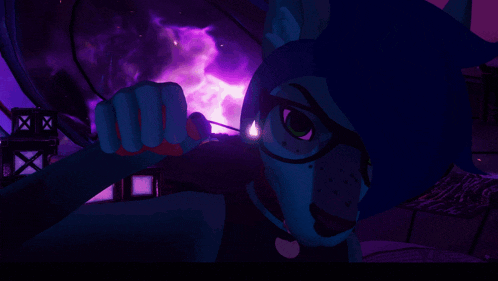 a blue cartoon character with glasses and a purple background