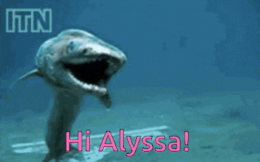 a shark with its mouth open and the words hi alyssa in pink