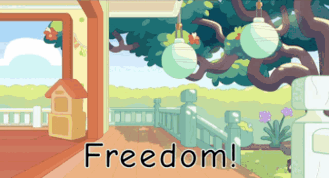 a cartoon drawing of a house with the words freedom written on the bottom