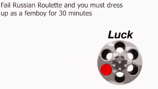 a roulette wheel with a red circle in the middle and the words `` fail russian roulette and you must dress up as a femboy ``